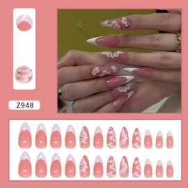 Press on Nails for Women, 24Pcs Nude Pink Fake Nails, Long Almond ons French Flowers False with Glossy Stick Fall Acrylic Full Cover Artificial Women Girls. (B, Medium)