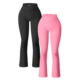 OQQ Women's 2 Piece Yoga Pants Ribbed Seamless Workout High Waist Cross Over Bell Bottoms Exercise Flare Leggings Candypink Black