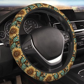 MAGIFUN Sunflower Steering Wheel Cover Boho Leopard Flower Floral Steering Wheel Accessories Universal 15 Inch Car Accessories Protector for Women Girls, Brown Fit Auto SUV Sedan Vans Trucks