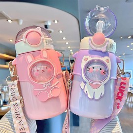 IDIDG Kawaii Water Bottles with Straw 20 oz Cute Water Bottle Portable LeakProof Stainless Steel Bottle With Shoulder Strap for Girls School(Purple)