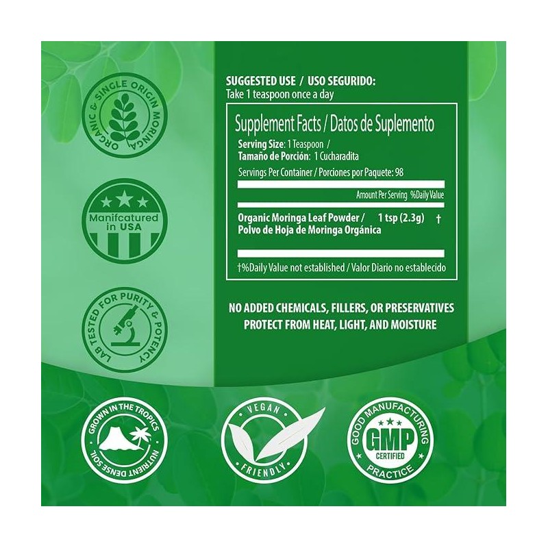 Pura Vida Moringa Powder - 100% Leaf Powder USDA Organic