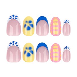 24Pcs Multi-colored Press on Nails Short Oval,YIHONGYAN Summer Lively Flowers Petal Designs Fake Nails Glossy Press ons French Nails Reusable Almond Shape Stick on Nails Acrylic Nail Kit Women Gift