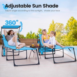 KING BIRD Chaise Lounge Beach Outdoor Chair with Facial Sun Shade, Upgraded Portable Easy2Carry 5-Position Folding Tanning Recliner for Outside Seaside Patio Lawn, Support 350lbs, Size XL-Blue