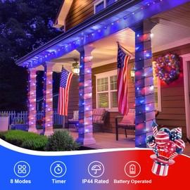 QITONG 4 Pack Red White Blue String Lights Battery Operated, Each 16ft 50 LED 4th of July Christmas Lights Outdoor, 8 Modes Green Wire Patriotic Lights Indoor for Independence Memorial Day Decor