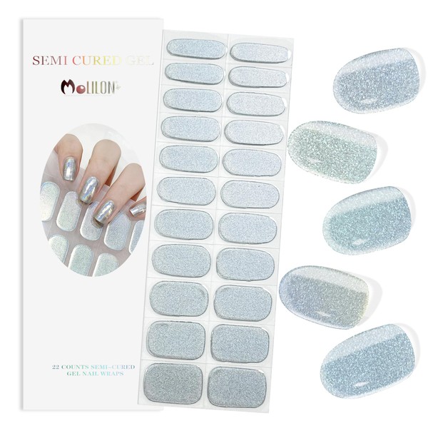MOLILON 22 PCS Semi Cured Gel Nail Strips (Metallic Laser