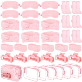 Homaisson 6 Sets Sleepover Party Supplies, Spa Set with Plush Sleep Eye Mask, Headband, Hair Clip, Socks, Bag for Girls Women Slumber Spa Birthday Pajama Gifts, Pink