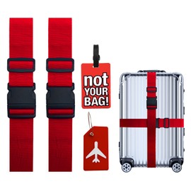 Luggage Strap Set,Suitcase Straps,Luggage Straps for Suitcases,2 Pieces Luggage Straps+2 Pieces Luggage Tags,Suitcase Travel Accessories for Quick Identification of Luggage(Red)
