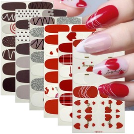 6Sheets Valentines Day Gel Nail Polish Strips Heart Gel Nail Stickers Nail Wraps Stickers Cute Love Red Lips Valentines Day Nail Art Design Stickers Gel Nail Strips with No UV for Valentine Nail Decor
