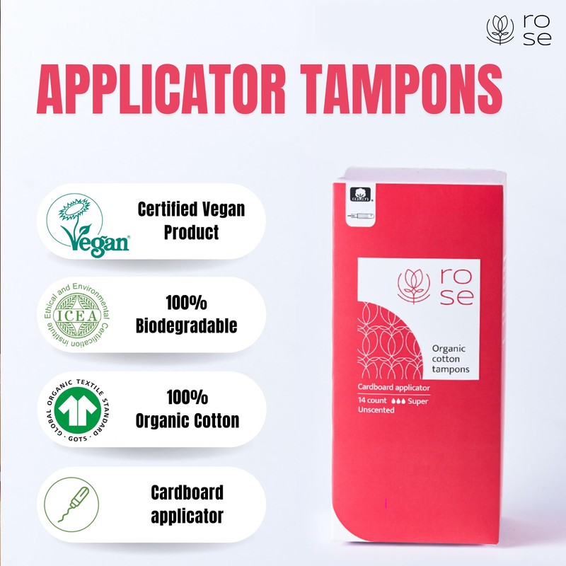 Rose Organic Tampons - Super, Cardboard Applicator, 100% Organic Cotton