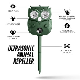 Solar Animal Repellent Outdoor, Ultrasonic Deer Repeller, Raccoon, Squirrel Deterrent Device, Waterproof Motion Detection, Rodent Against Cat, Dog, Rabbit, Skunk for Garden, Lawn, Farm Use