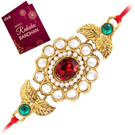 Aheli Indian Traditional Elegant Kundan Leaf Rakhi for Brother Men Boys with Raksha Bandhan Greeting Card