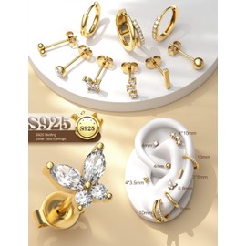 Chriscoco 9 Pairs of Earrings Silver 925 Set for Women 14 Carat Gold-Plated Small Stud Earrings Silver 925 Stud Earrings Gold Hoop Earrings Helix Piercing Ear Hoop Earrings for Multiple Ear Holes