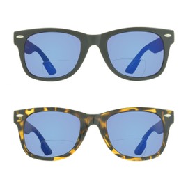 proSPORT 2 Pairs of BIFOCAL Sunglass Readers +1.75 Horn Rim Frame with Blue Flashed Mirrored Lenses for Men and Women - Matte Black and Glossy Tortoise Shell Brown Frames