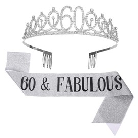 SUSSURRO "60 and Fabulous Sash and Rhinestone Tiara Set,60th Birthday Gifts Birthday Sash for Women Birthday Party Supplies(Silver)