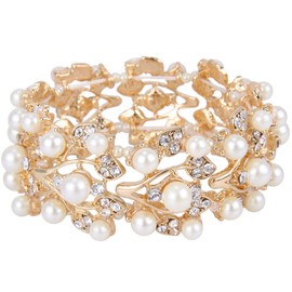 Ever Faith Crystal Cream Simulated Pearl 1920's Style Leaf Stretch Bracelet Clear Gold-Tone N04582-2