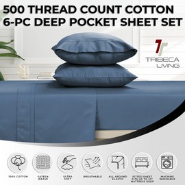 Tribeca Living King Bed Sheet Set, Soft Egyptian Cotton Sateen Solid Sheets and Pillowcase Set, Deep Pocket, 500 Thread Count, 6-Piece Luxury Bedding, Midnight Blue