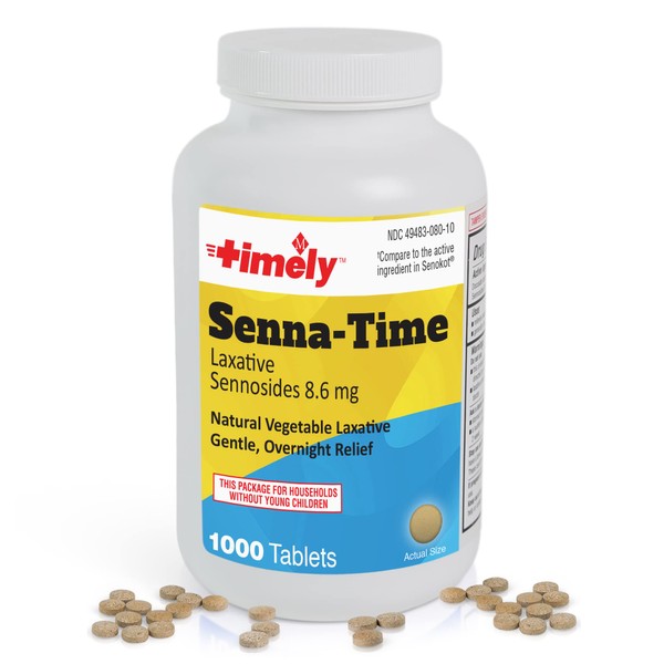 Timely Senna Time Laxative - 1000 Count Tablets - Compared to The Active Ingredients in Senokot - Natural Vegetable Based Laxatives for Constipation Relief, Gentle Overnight Relief and Stool Softener