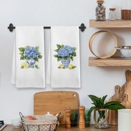 XNXLDYLH Vintage Chinoiserie Hydrangea Lemon Decor Kitchen Towels and Dishcloths Sets of 2, Grand Millenial Blue and White Hydrangea Floral Decor Dish Hand Tea Towels for Bathroom Kitchen, 16x24 Inch
