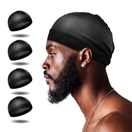 Selalu 4Pcs Wave Cap, Silk Stocking Wave Caps for 360 Waves, Silky Durag for Men, Stain Caps (4*Black)
