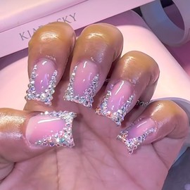 Medium Press on Nails Square Fake Nails with Rhinestones Glitter Designs French Tip Nails Press ons Full Cover Glue on Nails Light Pink Acrylic Nails Artificial Stick on Nails for Women 24Pcs