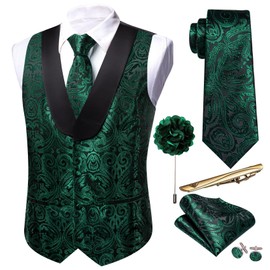 Barry.Wang Mens Vest Set Paisley Silk U-neck Shawl Waistcoat Tie Set 6PC Tuxedo Wedding for Men Dress Suit Vest S-3XL