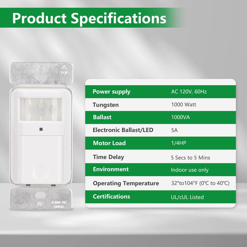 Wengart PIR Motion Sensor Light Switch BAG-001,120VAC Single Pole,180° Sensor