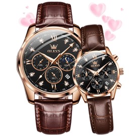 OLEVS Valentines Couple Pair Quartz Watches His and Her Couple Set Leather Chronograph Diamond Black Wrist Watch Men Women Lovers Wedding Romantic Gifts Set of 2