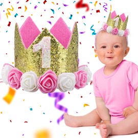 1 Jahr Geburtstag Baby Krone, Mädchen Geburtstagskrone Haarband Haarschmuck Tiara mit Pailletten Rosendekor, Glänzend Prinzessin Partyhüte Stirnband für Kinder 1.Geburtstag Geschenk Geburtstagsdeko