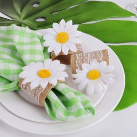 LogHog Handmade Daisy Napkin Rings Set of 12, Lace Linen Flower Napkin Holder Rings Table Decorations for Wedding, Valentine's, Banquet, Christmas, Thanksgiving, Picnic