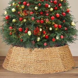 42 Inch Extra Large Christmas Tree Collar - 8 Piece Durable Hyacinth Base Cover, Handmade Wicker Adjustable Skirt for Artificial Pencil Trees - Nature