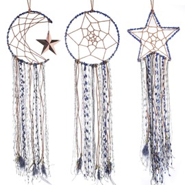 Jetec 3 Pieces Blue Dream Catcher Star Moon Sun Handmade Feather Dreamcatcher Wall Decor for Bedroom Nursery Wall Hanging Home Spring Decoration Festival Gift