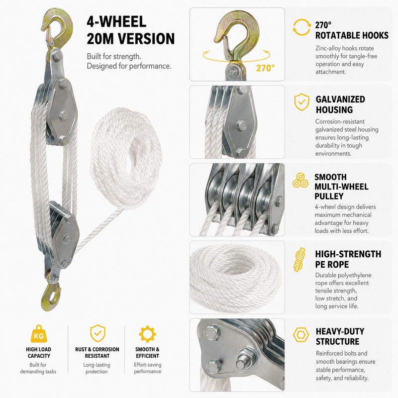 Manual Rope Pulley Hoist for Equipment Lifting – 270° Rotating