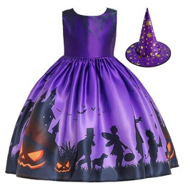 FMYFWY - Disfraz de Halloween con sombrero de bruja para niñas, fiesta de disfraces, disfraz de vestido con diseño de calabaza, fantasma, calavera