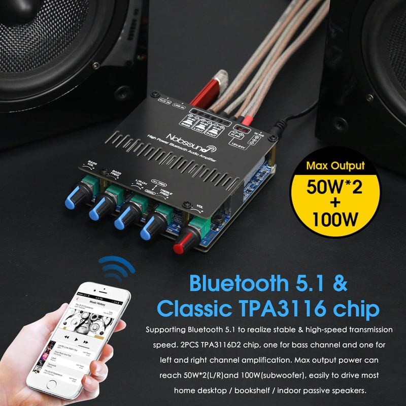 Nobsound Bluetooth Amplifier, 2.1 Channel Amplifier Board, Stereo Audio Receiver,