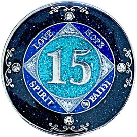 (Years 1-50) NA 15 Year Crystals and Glitter Medallion, Silver Color Plated Coin, Black Rainbow, Blue Glitter and Four Clear Crystals, Epoxy Covered (NA 15 Years Clean Time)