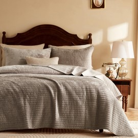 WDCOZY Velvet King Size Quilt Set - Brown Taupe Tan Camel Striped Pick Stitch Soft Lightweight Bedspread, Channel Farmhouse Country Rustic Coverlet, Modern Bedding Warm Thin Comforter, 3 Pieces