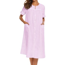 Ekouaer House Dress for Women with Pockets Button Down Duster Housecoat Short Sleeve Patio Dress Nightgown, Striped Pink, Medium
