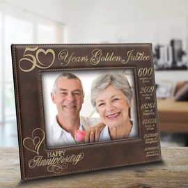 BELLA BUSTA-50 Years Golden Jubilee-50th Anniversary Couple, Husband, Wife - Engraved Leather Picture Frame (5x7 Horizontal)