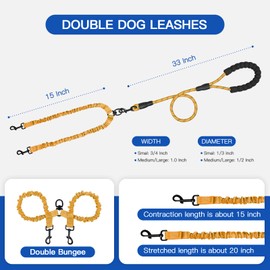 MingXpets Double Dog Leash, Dual Dog Leash, 360 Swivel Tangle Free Bungee Walking Training Leash for Large Medium Dogs, Shock Absorbing Bungee Reflective Leash for Two Dogs, 18~120 lbs, Yellow