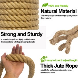 Twisted Manila Rope 1-1/2 Inch x 50 Feet, Nature Jute Ropes,Thick Hemp Rope 1.5inch(38mm) for Landscaping,Railings, Crafts, Sporting, Nautical,Projects and Tie-Downs