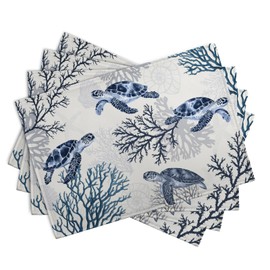 Coastal Beach Placemats Set of 4 Nautical Theme Coral Sea Turtle Navy Blue Place Mat 12x18 Inch Seasonal Summer Ocean Washable Linen Fabric Table Mats for Party Kitchen Dining Decoration