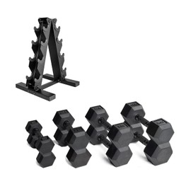 CAP Barbell 100 LB Coated Black Handle Hex Dumbbell Weight Set with Vertical Rack