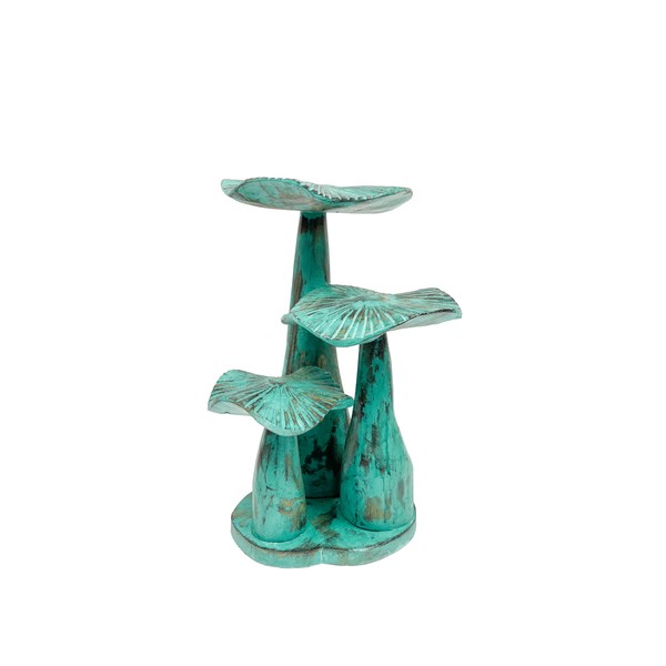 My Family House Green Wooden Carved Mushrooms on Base - Garden Outdoor Decor Wood Handmade Statue Sculpture Ornament