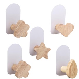 5Pcs Self-Adhesive Kids Coat Hooks, Cute Towel Hooks Wooden Sticky Clothes Hook, Wall Mounted Children's Coat Hooks for Towel, Clothes,Backpacks and Hats(Wood Color)