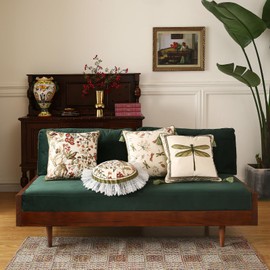 ISAENNE Design Vintage Cottage Lumbar Square Round Throw Pillow Covers Set of 4, Green Soft Velvet Cushion Cover with White Red Wild Floral Pattern Decor Pillowcases for Bed,Living Room,Outdoor,Car