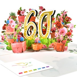 60th Flower Birthday Pop Up Card for Women – Elegant 3D Garden Scene with Roses, Butterfly, Sparkling Gold “60” – Floral Milestone Greeting Card for Her – Includes Envelope and Blank Note
