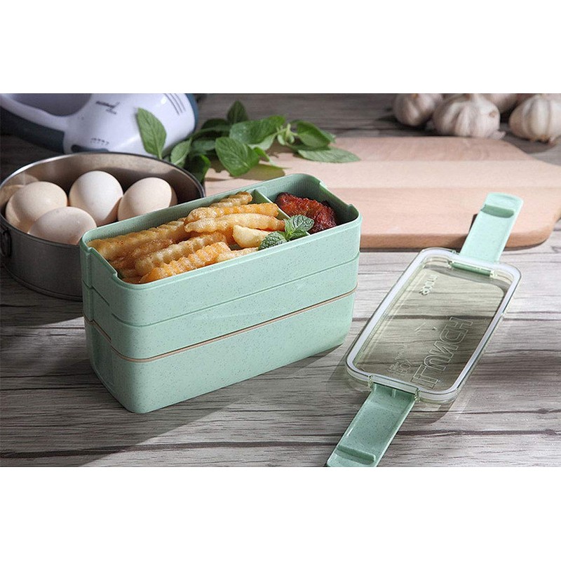 Eco-Friendly Compact Bento Lunch Box Set with Spoon, 3-in-1 Compartment
