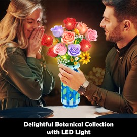 CUBIMANA Rose Flower Kit with Vase and LED Light, 16 Mini Bouquets Botanical Building Block Toys for Adults, Mother's Day Gift, Artificial Flowers for Home Decoration and Display