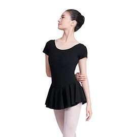 Phoeswan Skirted Dance Leotards Black Bodysuit Dress Short Sleeve for Gymnastics Clothes