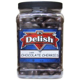 Gourmet Dark Chocolate Covered Cherries by It's Delish, 3 lb Jumbo Reusable Container | Premium Dark Bittersweet Chocolate Coated Dried Cherries - Kosher Parve Vegan